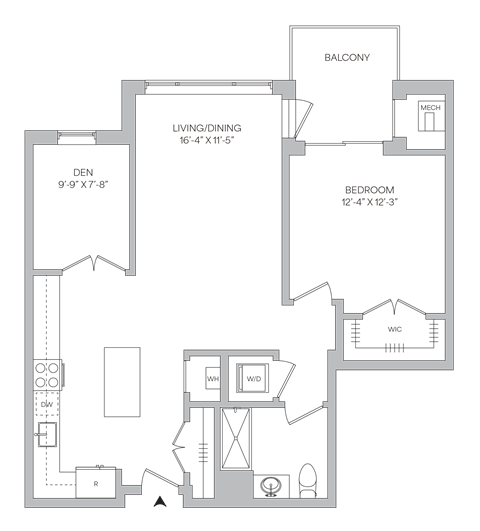Floor plan for 1 bed, 1 bath, 906 sqft